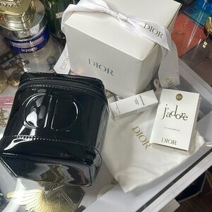 Dior Black Patent Makeup Train Case with White Gold-Logo ribbon & pouch